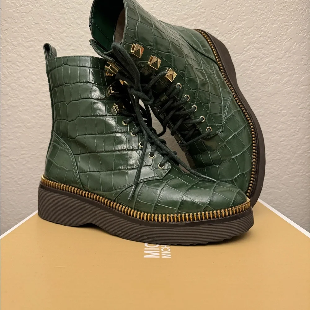 Michael Kors Croc Embossed Leather Combat Boots, NWT - Picture 1 of 5